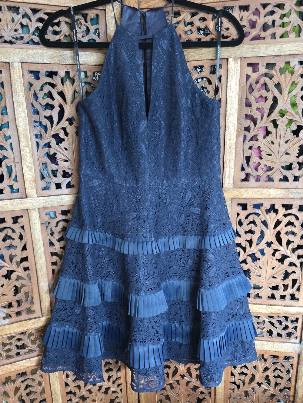 Forever New Navy Lace Pleated-Hem Halter Mini Dress